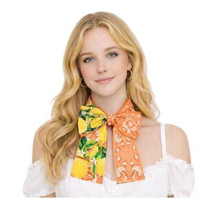 Tigerstars Lemon and Scroll Pattern Print Silk Feel Twilly Skinny Scarf